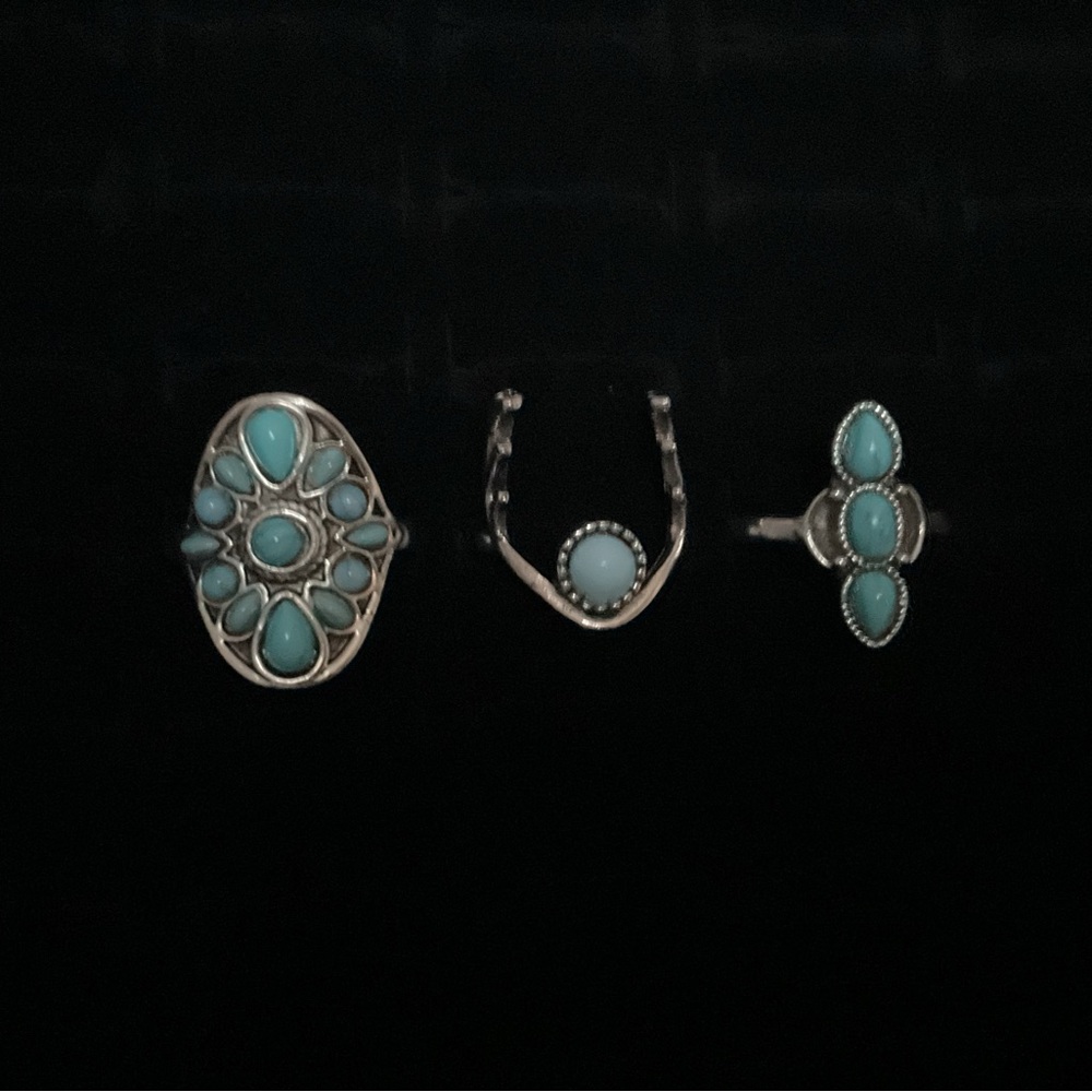 New x3 Silver Tone Rings Turquoise Inspired Trendy Fashion Ring Set Size 7 / 8